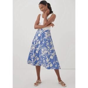 PACT Sz M Organic Cotton Tropical Palm Wedgewood Fit & Flare Midi Skirt Pockets